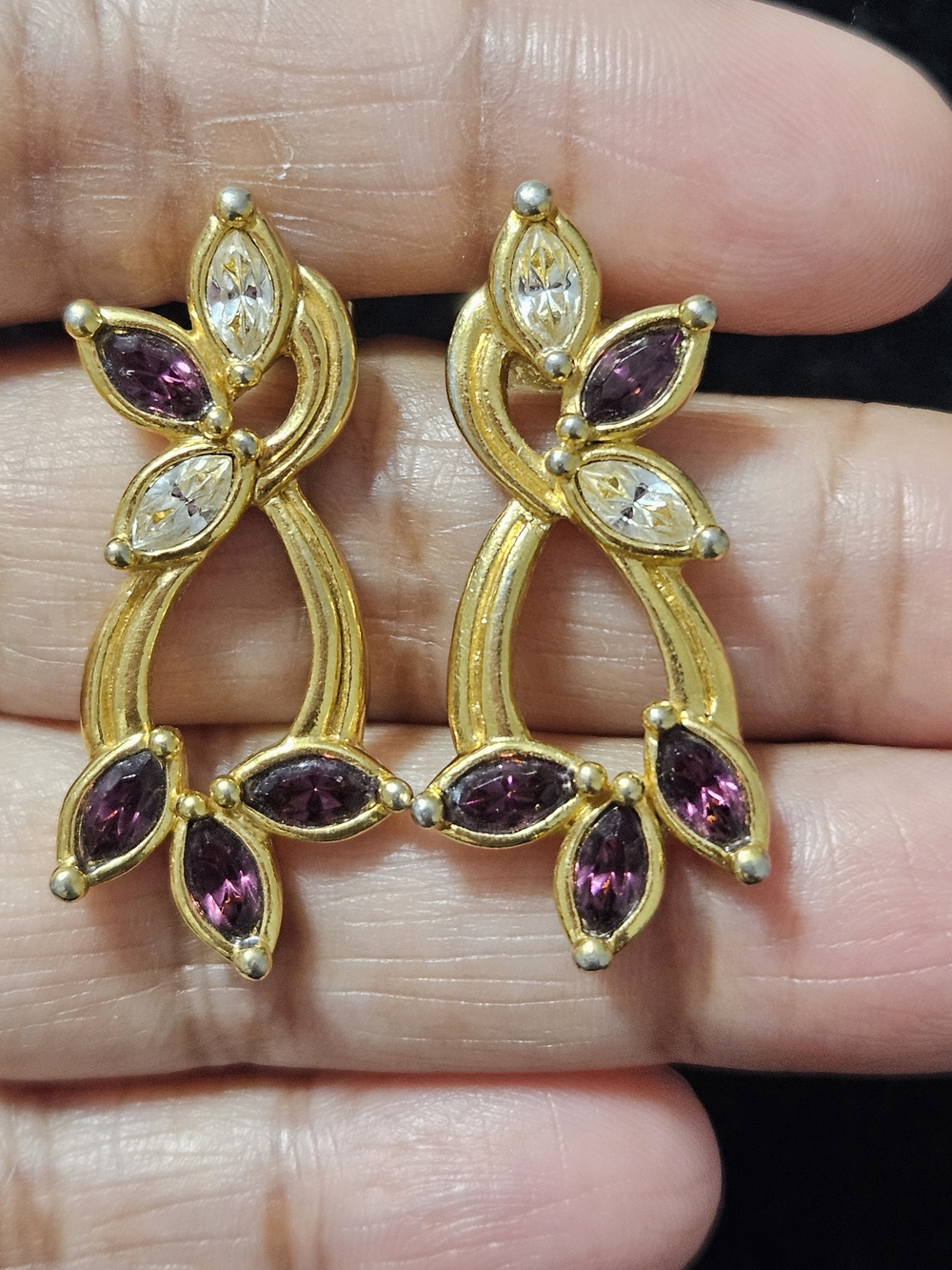 Avon Gold-plated Earrings with Purple and Clear Marquise Stones